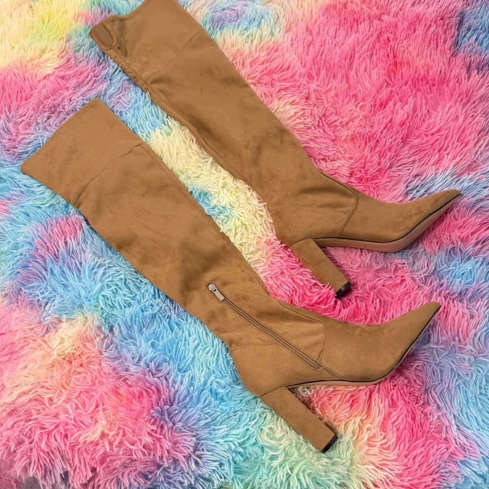 Marc Fisher Over The Knee Boots Womens 10M Tan Faux Suede Block Heel Pointed